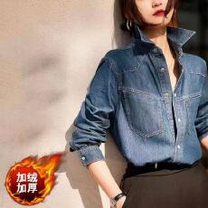 批发加绒<b class='q'>牛仔</b><b class='q'>衬衣</b>外套女春秋季2024新款POLO领蓝色开衫<b class='q'>衬衫</b>上衣