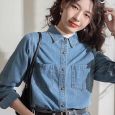 批发浅蓝色复古软<b class='q'>牛仔</b><b class='q'>衬衫</b>女内搭叠穿春装2026新款小个子港风上衣