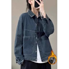批发复古加绒加厚<b class='q'>牛仔</b>短外套女冬季大码休闲百搭保暖翻领夹克开衫上衣