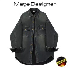 批发美式复古冬款开衫上衣加绒加厚口袋设计感渐变<b class='q'>牛仔</b><b class='q'>衬衣</b>外套女水洗