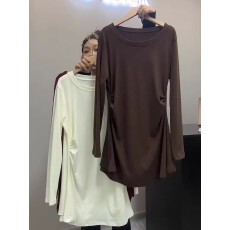 批发2025秋冬圆领女咖色白色中长款加绒加厚T恤<b class='q'>上衣</b>褶皱收腰长袖时尚