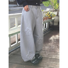 批发现 毛边花朵 复古水洗<b class='q'>刺绣</b>廓形牛仔裤长裤现 毛边花朵