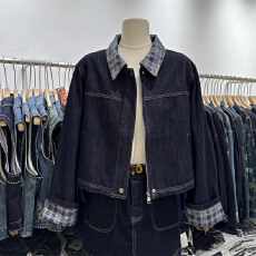 批发<b class='q'>牛仔</b>外套女格子拼接夹克2025秋季新款设计感小个子休闲短款上衣潮