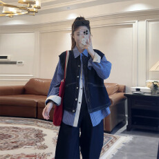 批发小众设计丹宁<b class='q'>牛仔</b>马甲女秋装条纹<b class='q'>衬衫</b>上衣小个子外套春