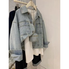 批发高级感法式浅蓝色牛仔外套女韩版ins潮别致<b class='q'>帅气</b>短款夹克工装上衣