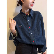 批发字母刺绣磨毛牛仔衬衫女欧洲站2025冬装新款欧货女装时尚打底衫潮