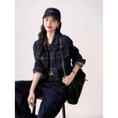 批发莹莹自留 牛仔很忙~复古丹宁牛仔套装 竹节肌理棉外套/阔腿裤秋新