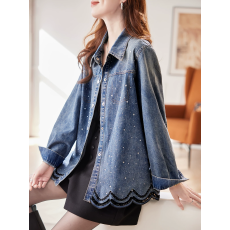 批发宝诗黎翻领烫钻牛仔衬衫<b class='q'>外套</b>2026春季韩版蕾丝拼接休闲百搭<b class='q'>女</b>装
