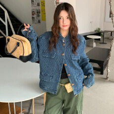 批发PGOGH小香风老钱原创牛仔外套女<b class='q'>秋</b>季新款小众肌理感立领百搭夹克