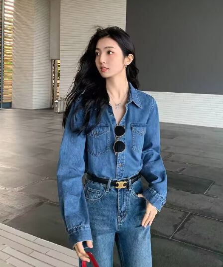 mulvan 파란색 레트로 순면 데님 여성 셔츠 봄 새로운 루즈핏 캐주얼 셔츠 긴팔 맨위