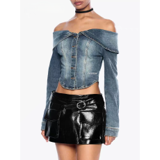 批发殴洲站辣妹装春秋新款蓝色一字肩牛仔<b class='q'>外套</b><b class='q'>长袖</b>上衣