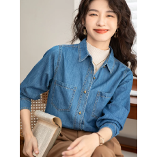 批发蓝色复古牛仔衬衫女加绒叠穿内搭正肩2026秋<b class='q'>冬</b>新款小个子休闲上衣