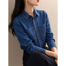 批发蓝色翻领牛仔衬衫女2026春季新款<b class='q'>通勤</b>可外穿正肩叠穿长袖衬衣外套