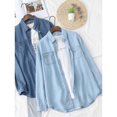 批发韩版天丝垂感牛仔衬衫女设计感小众双口袋宽松长袖薄衬衣春<b class='q'>秋</b>外套