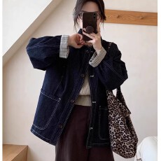 批发格子袖拼接牛仔<b class='q'>外套</b>女<b class='q'>中长款</b>早春秋大口袋翻领条纹袖工装夹克上衣