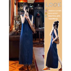 批发复古街头宽松<b class='q'>牛仔</b>无袖<b class='q'>牛仔</b>裙女夏季薄款高级感直筒宽松长款连衣裙