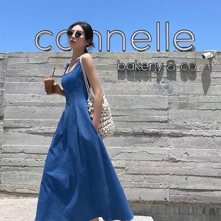 zq 어린이 맑은 블루 안개 사랑 얇은 스타일 데님 여성 드레스 여름 작은 대중 디자인 센스 허리 수축 품격 슬립 롱 스커트