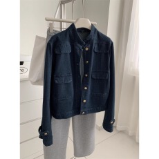 批发洋气复古小香风<b class='q'>牛仔</b>外套女水洗钴蓝色金扣立领小个子短款开衫春季