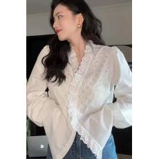 批发早春法式白色蕾丝刺绣V领<b class='q'>衬衫</b>女2024新款高级感修身显瘦<b class='q'>长袖</b><b class='q'>衬衣</b>
