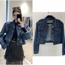 批发巴黎街拍 深蓝色简约感牛仔外套