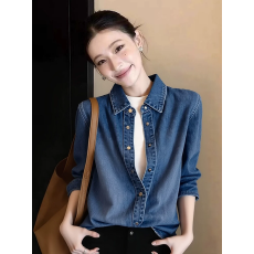 批发蓝色牛仔衬衫外套女2026春秋新款小众复古港味宽松<b class='q'>长袖</b>上衣