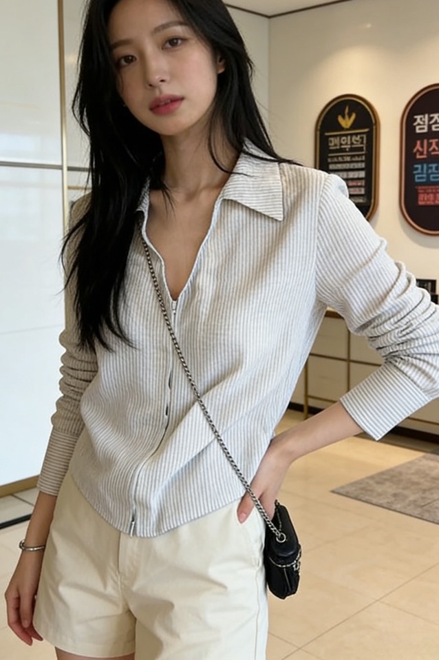 한 부서 디자인 센스 지퍼 V넥 스트라이프 여성 셔츠 여름 얇은 스타일 프랑스식 캐주얼 루즈핏 품격 셔츠 맨위