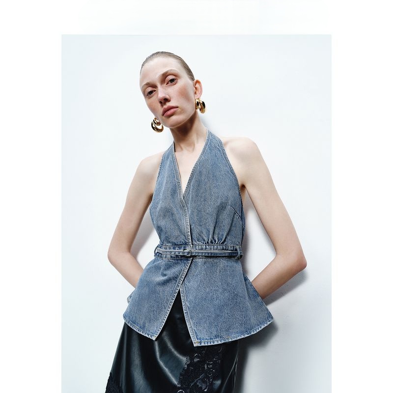 봄 여름 새로운 레트로 디자인 센스 행침 목 백리스 허리 수축 우산 진자 V넥 데님 맨위