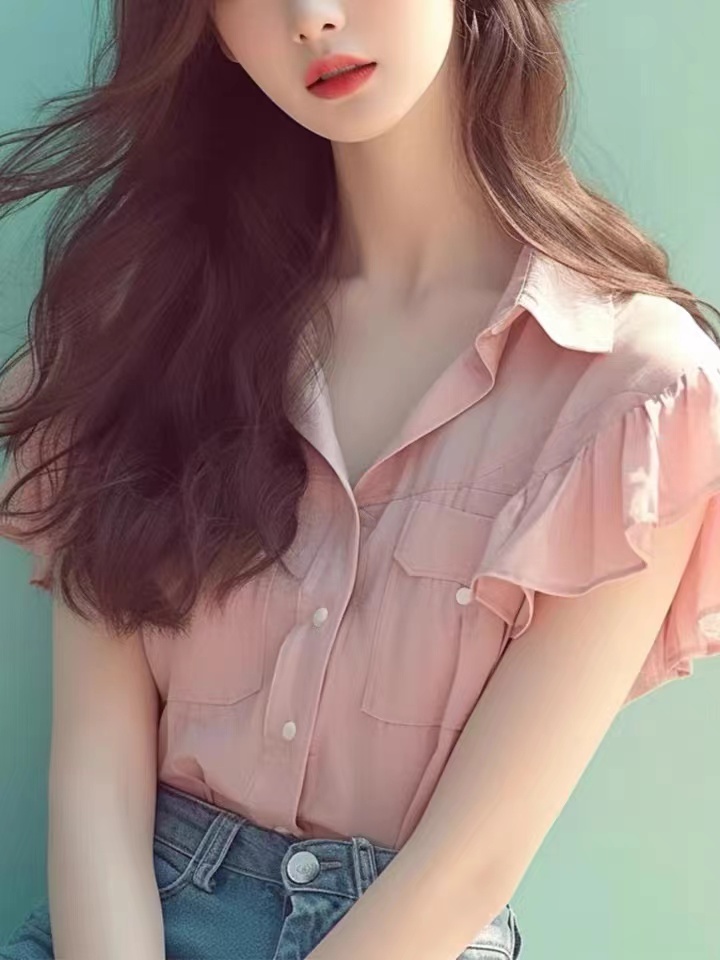 작은 키 외국 가스 연령 감소 고급 센스 슈퍼 잘 생긴 맨위 작은 샤넬 스타일 품격 핑크색 프릴 여성 셔츠 여름