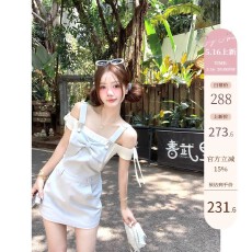 批发Q女家 丹宁蝴蝶结/夏日俏皮浅<b class='q'>牛仔</b>背带裙清纯系穿搭连衣裙