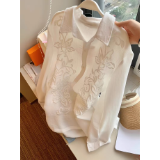 批发法式气质高级感白色<b class='q'>Polo</b>领长袖衬<b class='q'>衫</b><b class='q'>男</b>女夏季薄款透气宽松衬衣外套