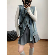 批发Miss833自制复古休闲飘带<b class='q'>牛仔</b>马甲女春夏小众设计感垫肩无袖外套