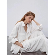 批发法式白色亚麻衬衫女夏季薄款宽松老钱风穿搭高端棉麻衬衣防晒上衣