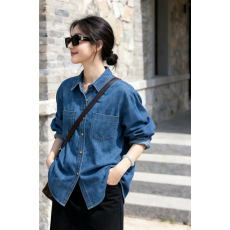 批发春季新款微胖妹妹复古蓝色长袖牛仔衬衫女宽松显瘦叠穿休闲外套潮