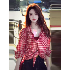 批发复古港风红色格子防晒衬衫女2026春夏季韩系穿搭高端法式小资上衣