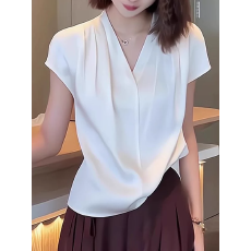 批发法式高级感v领醋酸短袖<b class='q'>衬衫</b>女夏季大码胖MM遮肚<b class='q'>显瘦</b>洋气欧货上衣