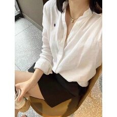 批发2026老钱风松弛感白色棉麻衬衫小马标刺绣微透亚麻上衣女防晒衬衣