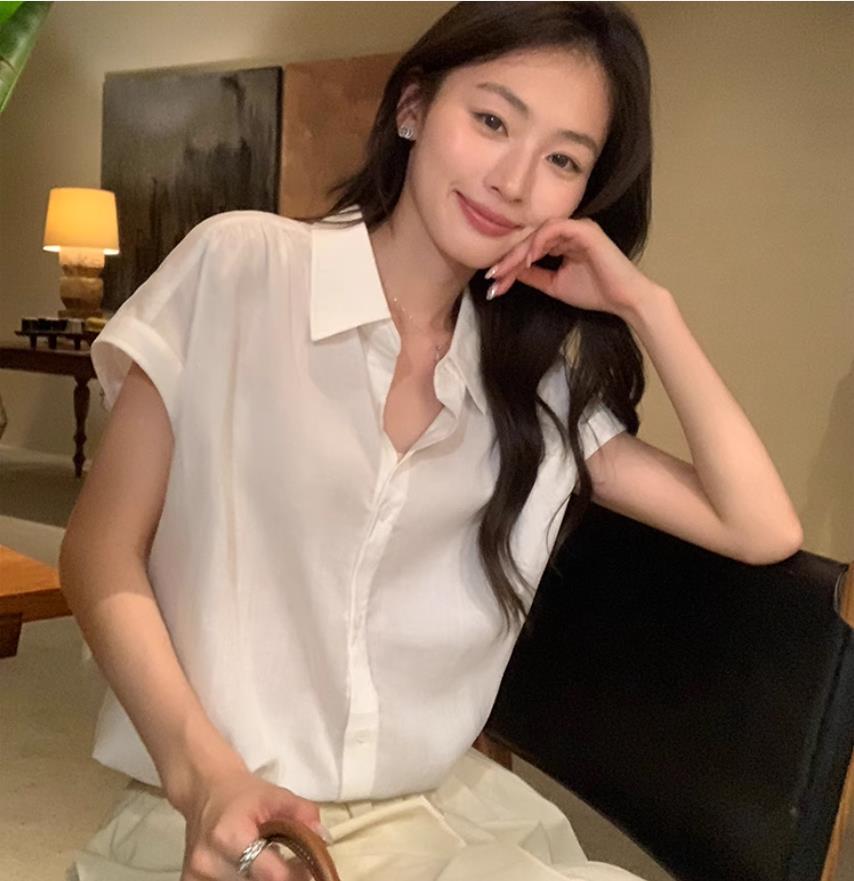 pusumede 주간 실크 아마 심지어 소매 여성 셔츠 품격 출퇴근 반팔 셔츠 느슨함 센스 작은 날다 소매 맨위