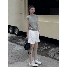 批发夏日ootd穿搭韩系慵懒chic大方得体灰色针织上衣短<b class='q'>裤</b>两件套<b class='q'>装</b>女夏