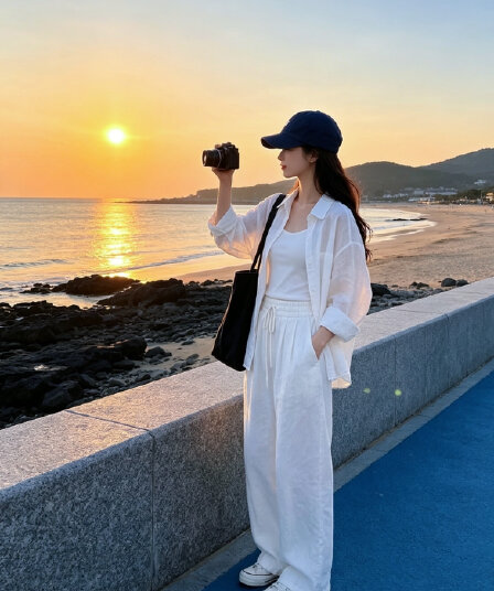 여름 켜기 새로운 다용도 얇고 가벼운 루즈핏 자외선 차단 여성 셔츠 느긋한 바람 와이드 레그 팬츠 세 조각 세트