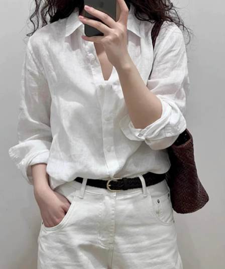 화이트 면 린넨 POLO 칼라 긴팔 빛 럭셔리 고급 센스 여성 셔츠 이른 봄 순수 린넨 셔츠 외국 가스 연령 감소 맨위