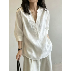 批发老钱风穿搭v领白色套头亚麻衬<b class='q'>衫</b>女夏季气质慵懒松弛宽松棉麻上衣