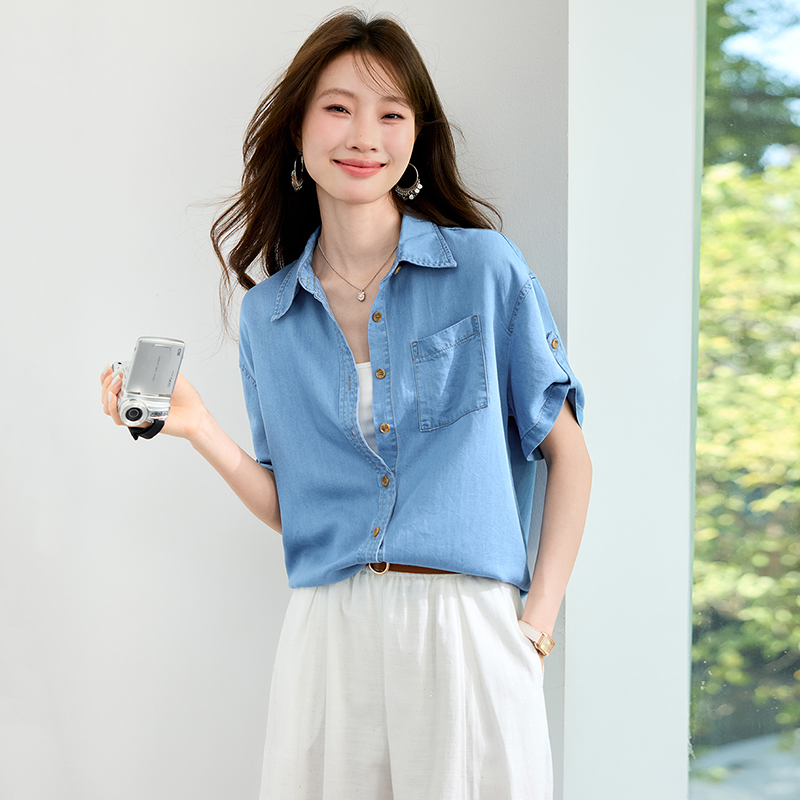 실사 라이 경기 서울 차가운 센스 프랑스식 데님 셔츠 여름 여성 의류 새로운 루즈핏 반팔 셔츠