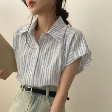 批发<b class='q'>韩国</b>chi泡芙袖条纹蓝色衬衫短袖衬衣新设计感小众上衣