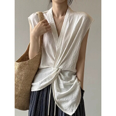 批发亚麻白色衬衫女夏季高级感气质显瘦纽结V领无袖背心小衫法式上衣