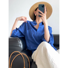 批发2026新款克莱因蓝亚麻<b class='q'>长袖</b><b class='q'>衬衫</b>女春夏宽松慵懒风高级感上衣