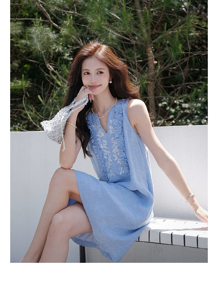 매화 요리 한 100 아마 오래된 돈 소녀 센스 프릴 한 마디 민소매 치마 여성 여름 자수 V넥 드레스