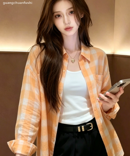 한 부서 느슨함 센스 체크무늬 자외선 차단 여성 셔츠 2026 여름 새로운 캐주얼 루즈핏 슬림해 보이는 다용도 작은 대중 맨위