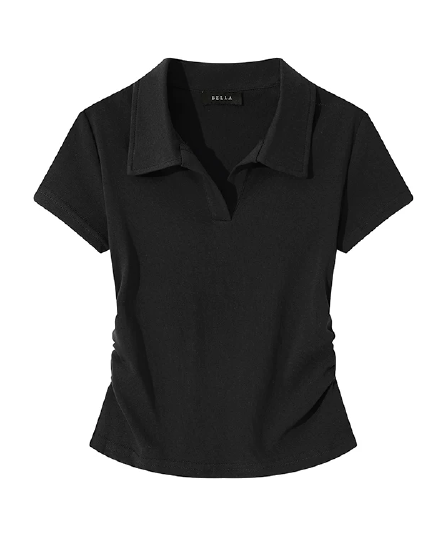 회색 polo 폴로 칼라 긍정적 인 어깨 반팔 티셔츠 여성 여름 주름 허리 수축 몸매 가꾸기 기본 셔츠 인사이드 잡아라. 의류