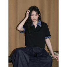 批发黑色V领假两件短袖<b class='q'>T</b><b class='q'>恤</b>女春夏2026新款格纹拼接polo领正肩体恤上衣