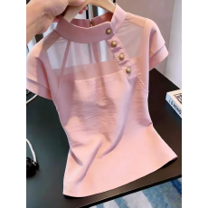批发欧货高端定制粉色纽扣拼接上衣女2026夏季新款时尚轻奢风短袖<b class='q'>T</b><b class='q'>恤</b>